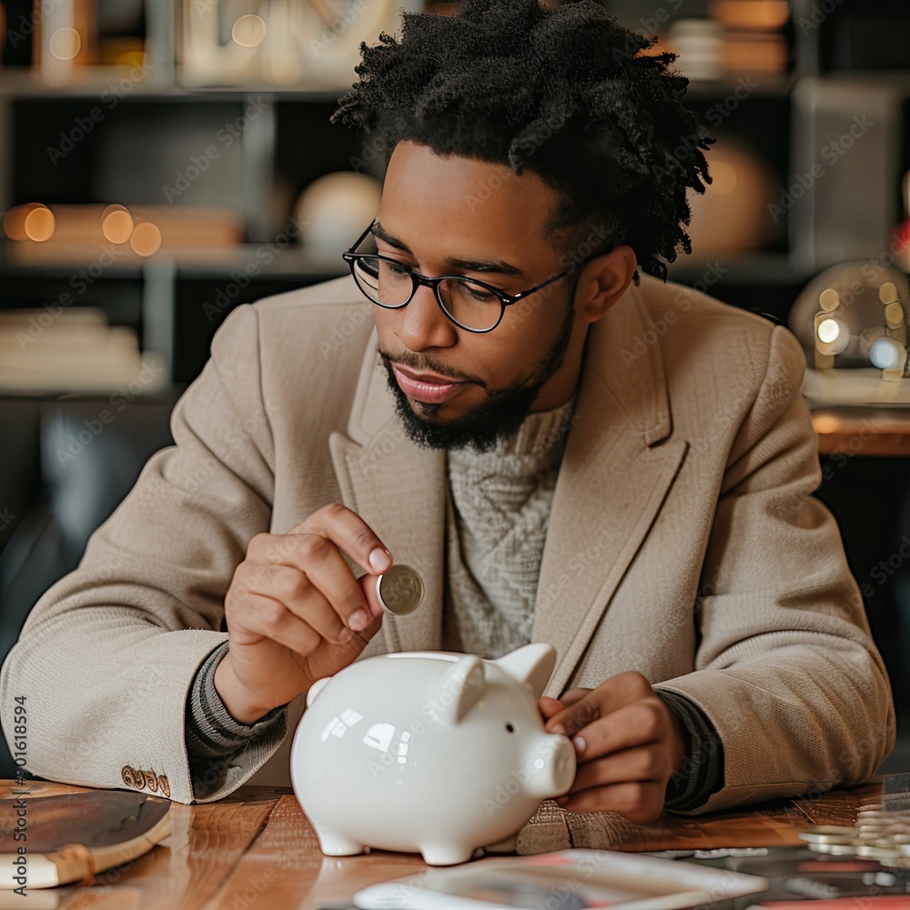 Poster a man with a determined look dropping a coin into a white piggy bank, highlighting the importance of