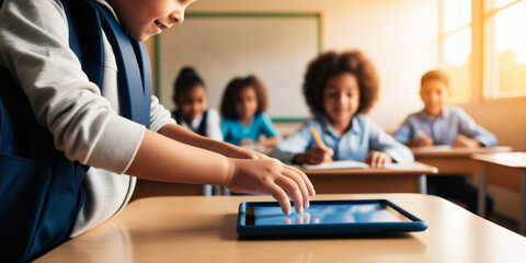 Obraz premium A group of students using an electronic tablet on a school background, space for text