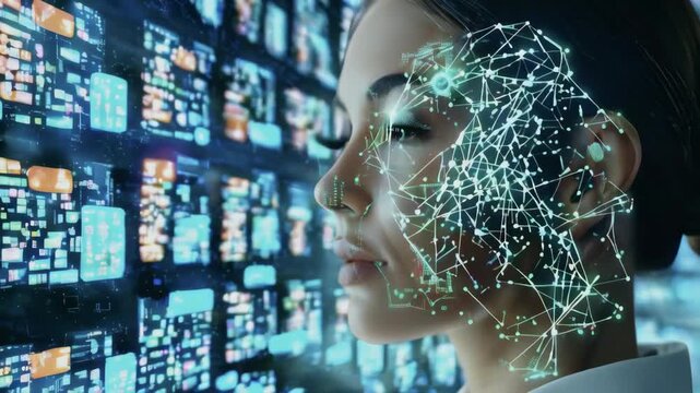 Businesswoman uses AI artificial intelligence brain on big data matrix Animation Big Data Processing, Science, Generative Technology, commands, prompts