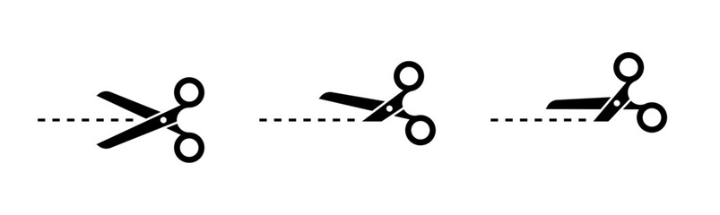 Scissors cut lines black symbols set. Isolated scissor cutting paper with dotted line icons on white background. Coupon sales signs, packaging label concept. Vector illustration.
