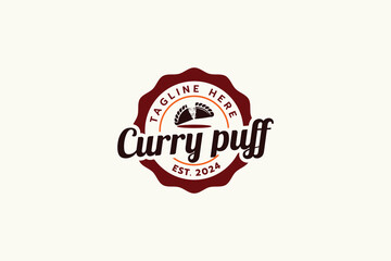 curry puff logo with a combination of a split curry puff and beautiful lettering in the form of an emblem. This is good for food and beverage businesses, restaurants, cafes, food trucks, etc.