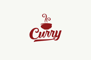 Curry logo with a combination of a delicious bowl of curry and beautiful lettering for food and beverage businesses, Indian restaurants, cafes, food trucks, etc.