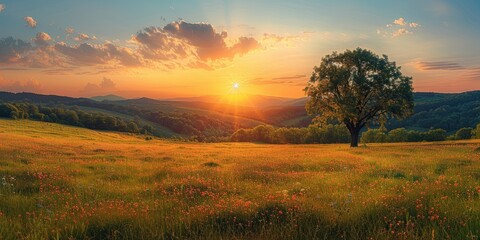 Sunset Landscape with a Tree