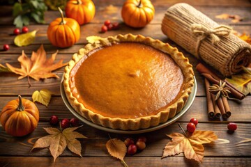 Warmly lit golden-brown pumpkin pie sits on a rustic wooden table, surrounded by autumnal leaves and a few decorative twigs, evoking cozy Thanksgiving vibes.