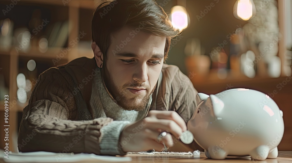 Poster A man with a thoughtful expression dropping a coin into a white piggy bank, emphasizing careful saving. 