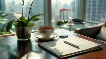 Elegant cup of tea on office desk with notepad and pen near a window with city view background. Concepts of productivity, relaxation, and professional workspace.