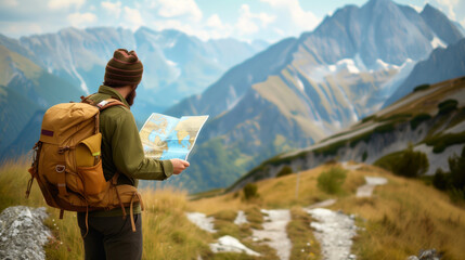 Fototapeta premium Adventurous hiker with backpack holding a map on a mountain trail with scenic alpine landscape. Concepts of outdoor exploration, travel planning, and nature appreciation.