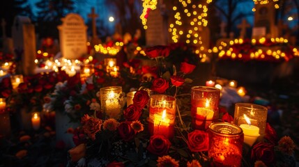 many lit candles inside a cemetery. concept day of the dead mexico