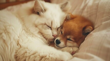 A cat and a dog sleeping in the bed