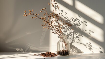 Budget home decoration with dried twigs in a vase and roasted coffee beans in morning light