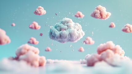 Obraz premium Capture the essence of cloud computing in a surreal landscape where digital apps and tools float amidst misty cloudscapes.