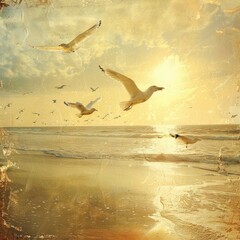 Fototapeta premium A peaceful morning on the beach, with the sun rising and seagulls flying across the golden sky.