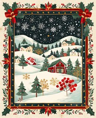 Fototapeta premium Elegant Christmas card design with cozy winter scene, snowflakes, festive border, and traditional colors.