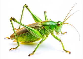 Vibrant green cricket with intricate wing veins and delicate legs isolated on a pure white background, showcasing its fascinating textures and natural beauty.