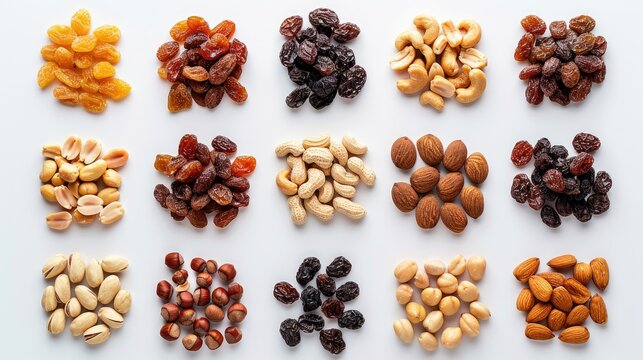Assortment of almonds, hazelnuts, peanuts, cashews, candied fruit, and raisins, isolated on plain background