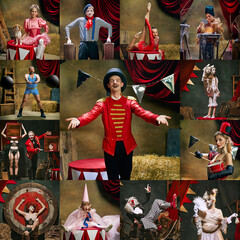 Vibrant circus collage features diverse acts, magician, clowns, acrobats, strongman, and whimsical...