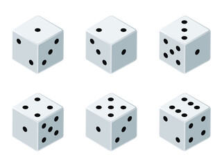 Six variants white game cubes isolated on white background. icons in realistic style. Gambling concept.