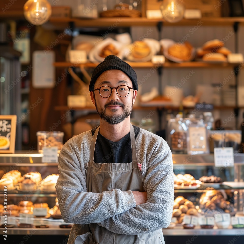 Poster a portrait of a coffee bar owner standing in front of a display of pastries in their cafe