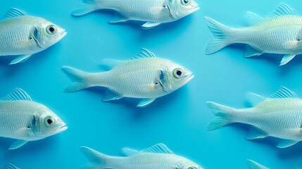 Fototapeta premium Top view of fish on a bright blue surface for wallpapers and backgrounds tile