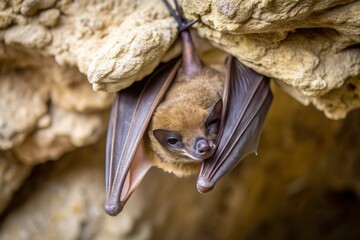 Naklejka premium A lone brown bat clings to the damp cave ceiling, its wings wrapped snugly around its body, eyes closed in serene upside-down slumber.