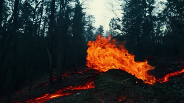 FPV footage flying at top speed through large scary forest, ending with a swirling vortex of flames gradually forming the "HAPPY HALLOWEEN" text.