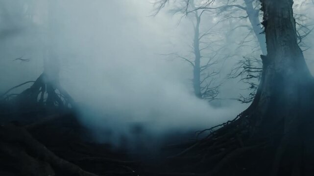 Spooky Halloween misty foggy forest night. Halloween night in a deep dark mysterious forest. Spooky eerie misty foggy woods at night with moonlight.