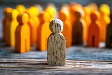Standing Out From the Crowd: A lone, natural wood figure stands distinct against a blurred backdrop of numerous orange figures, symbolizing individuality, leadership, and uniqueness. 
