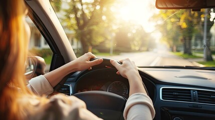 Naklejka premium Close-up of female hands on wheel, back seat view to road ahead, driving in bright daylight