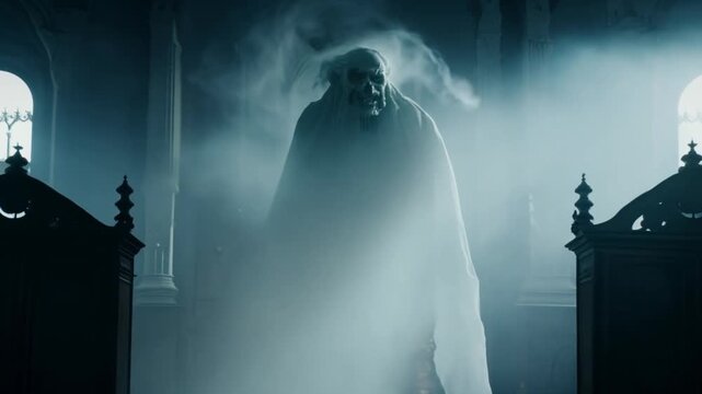 Sinister ghost materialising in a dark castle bedroom it floats towards us. Halloween concept.