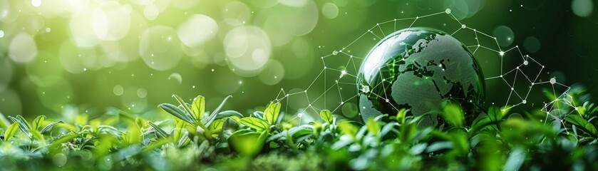 Naklejka premium Globe with green technology and water conservation minimal icon flat blue background style space for Ad