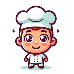 Obraz premium Anime-style chef, large eyes, pink cheeks, brown hair, wearing a white chef's hat and white chef's uniform, friendly expression, smiling, standing with arms relaxed.