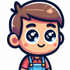 Obraz premium Anime-style designer, brown hair, large blue eyes, pink cheeks, red shirt, blue overalls, friendly expression, smiling.
