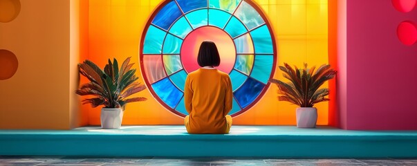 Fototapeta premium Woman Sitting in Front of a Colorful Stained Glass Window.