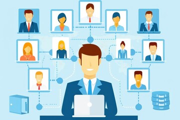 Connected  & Collaborative:  A  man  working  on  a  laptop  is  connected  to  a  network  of  diverse  people,  representing  a  global  team  or  community.  This  illustration  highlights  the  im