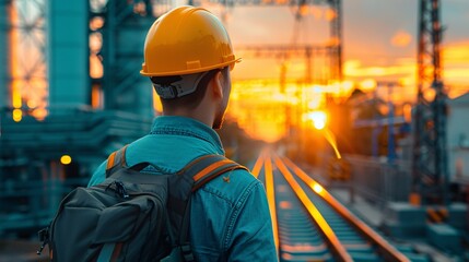 Engineer Looking at Sunset on Train Tracks.