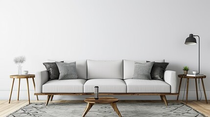 Contemporary white living room with gray and black sofa, wooden table, lamp, and carpet, wall with space for text or mockup
