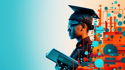 Graduate student holding a book with abstract geometric shapes.