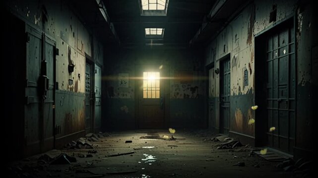 A neglected prison cell with broken walls and rusty iron. Seamless 4K looping timelapse video animation generated AI