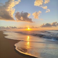 Naklejka premium A serene morning on the beach, with the golden sunrise and a soft breeze stirring the sand.