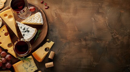 Elegant cheese board with assorted cheeses and glasses of red and white wine, background with copy space for ads