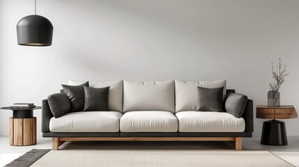 Elegant white living room with gray and black sofa, wooden table, lamp, and carpet, background wall for mockup and copy space