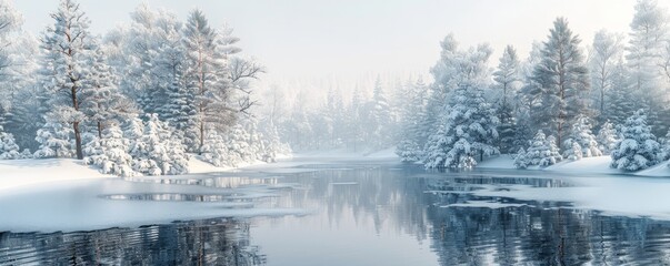 Fototapeta premium Serene Winter Wonderland - Minimalist Frozen Lake and Snow-Covered Trees 3D Render with Clean White Background