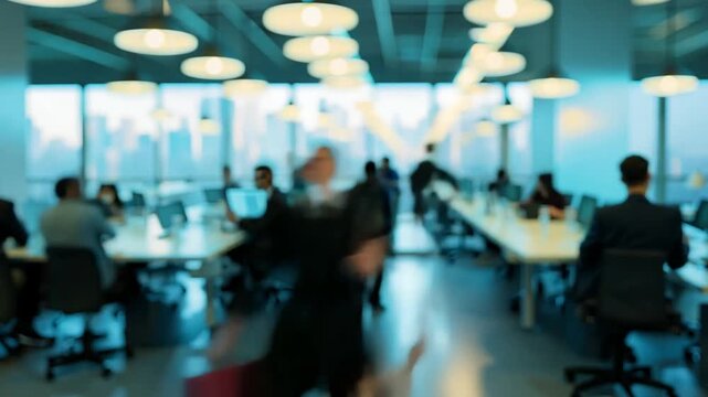 Hyperlapse video of a busy modern business office, blurred view. Modern Business office with blurred people, with blurred bokeh background. Modern open space office interior or call centre.