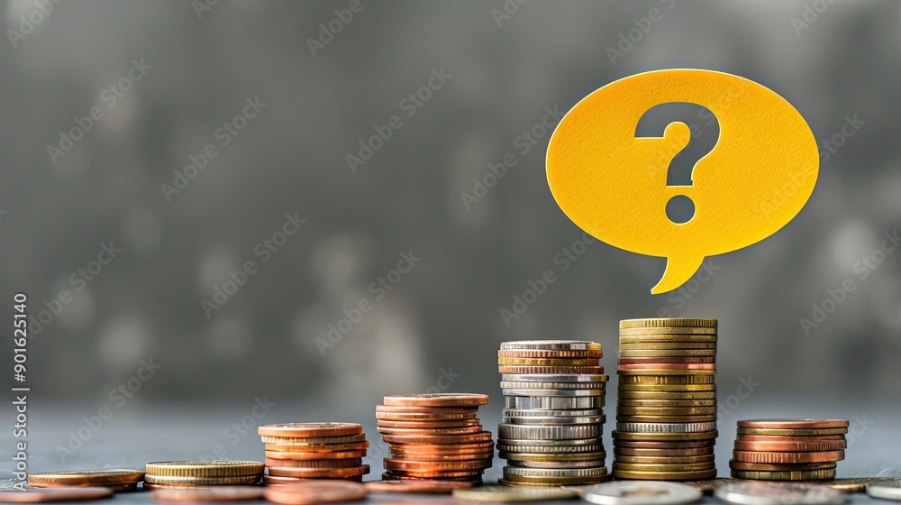 Poster A speech bubble with a question mark in yellow balancing on assorted coin piles. 