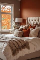 a cozy autumn themed bedroom with a beautiful window view