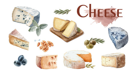 Various types of cheese vector watercolor illustrations set. Cottage cheeses collection isolated on white background. Curd product for design, recipe book, advertising