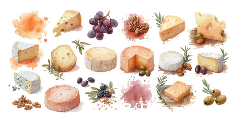 Various types of cheese vector watercolor illustrations set. Cottage cheeses collection isolated on white background. Curd product for design, recipe book, advertising