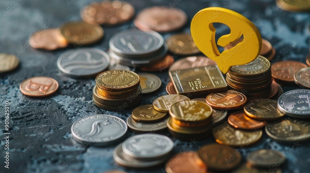 Aufkleber A speech bubble with a question mark in yellow balancing on assorted coin piles. 