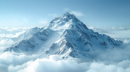 Fototapeta premium Majestic Mountain Peak: A snow-capped mountain peak pierces the heavens, surrounded by a sea of clouds, in an awe-inspiring display of nature's grandeur. 