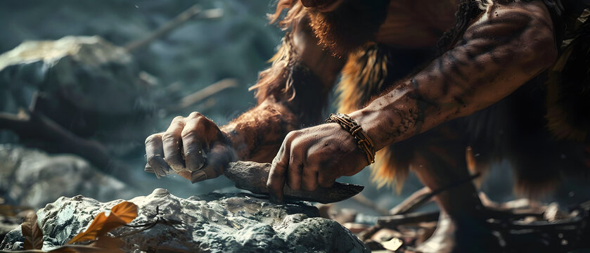 Caveman in animal skin hits rock with sharp stone and creates primitive hunting tool. Neanderthal with handaxe creates first wheel.